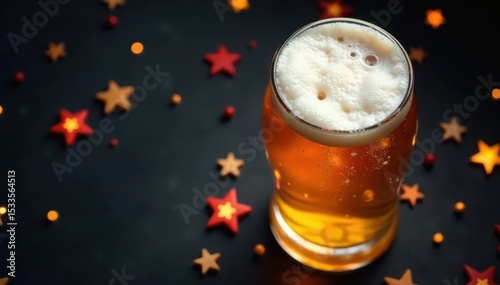 Top-down view of festive beer; star in head, black table , aerial view, black, detail