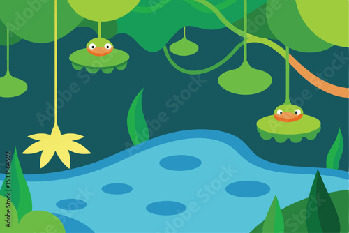 Cute cartoon frog illustration on a green leaf in a pond with water and plant elements, perfect for nature and eco designs