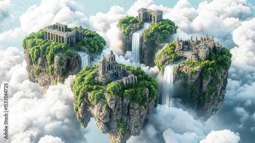 Floating islands, ancient ruins, lush greenery, waterfalls.
