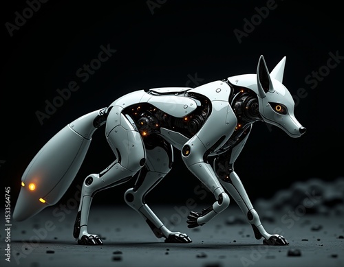 Futuristic Cybernetic Animal Intricate Robotic Fox Design with Orange Luminous Details