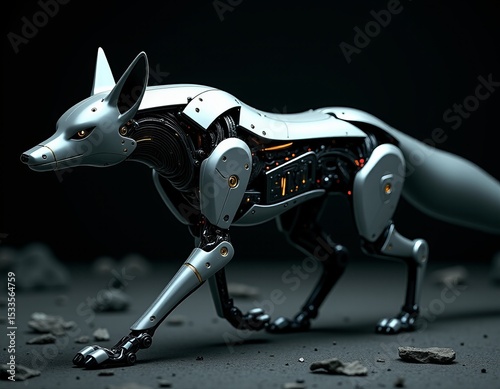 Futuristic Cybernetic Animal Intricate Robotic Fox Design with Orange Luminous Details
