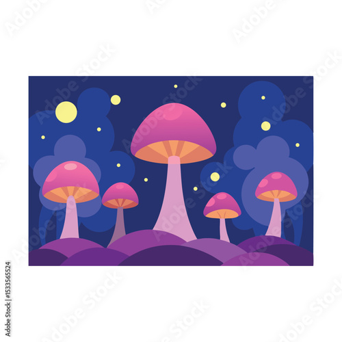 An umbrella-like mushroom illustration in the autumn rain, a cute cartoon nature seamless pattern design