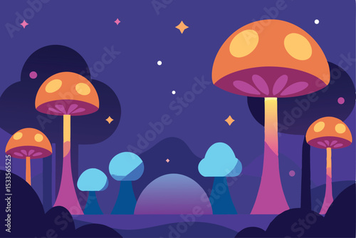 Seamless autumn pattern with cute cartoon mushrooms in the forest under a blue sky, ideal for wet weather designs
