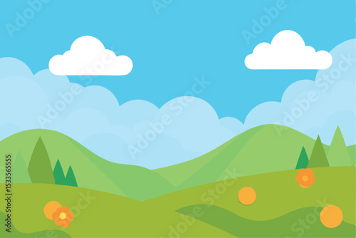 Summer landscape with green mountains, a blue sky, and white clouds, illustrating the beauty of nature's countryside