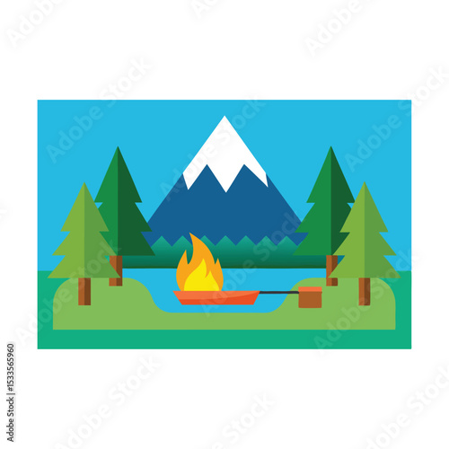 Camping in the mountains: vector illustration of a peaceful winter landscape with a tent under a snowy peak and a clear sky, perfect for nature travel design