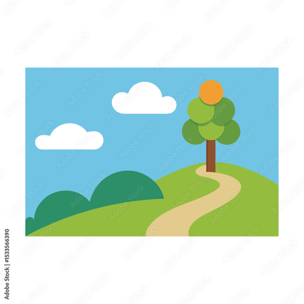 Fototapeta premium Vibrant cartoon landscape illustration with a lone tree on a hill under a summer sky and green meadow