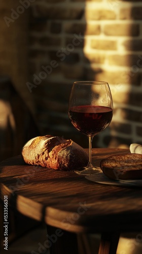 Wooden table, wine, bread, sunlight, simple meal.