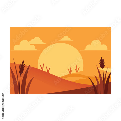 Desert and mountain landscape at sunset with a solitary tree silhouette against an orange sky