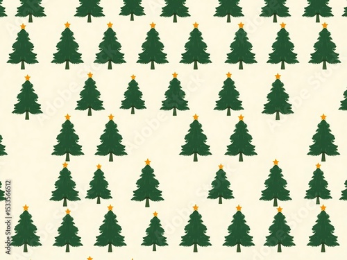 Repeating pattern of dark green Christmas trees with yellow stars, festive holiday background, minimalist design, seamless vector illustration, winter celebration