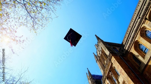 Graduation cap ascends; building, branches, blue sky.