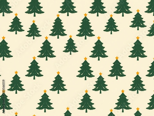 Repeating pattern of dark green Christmas trees with yellow stars, festive holiday background, minimalist design, seamless vector illustration, winter celebration