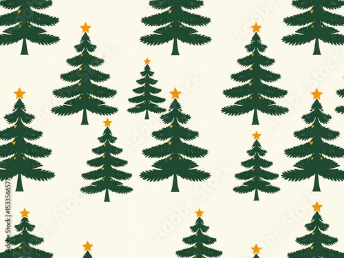 Repeating pattern of dark green Christmas trees with yellow stars, festive holiday background, minimalist design, seamless vector illustration, winter celebration