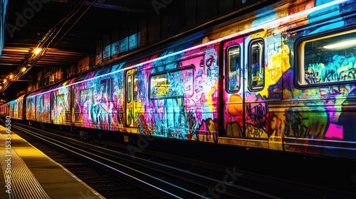 Vibrant graffiti-covered train at night.