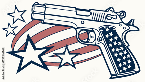 Illustration of a handgun with stars and stripes design on the grip and background with stars around it