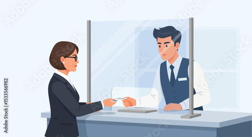 Safe Bank Transaction Customer & Teller Interaction Behind Protective Shield