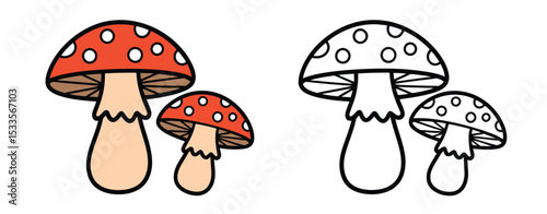 Cute Cartoon Mushrooms Illustration with Coloring Page