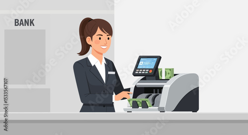 Bank Teller Using Modern Currency Counting Machine