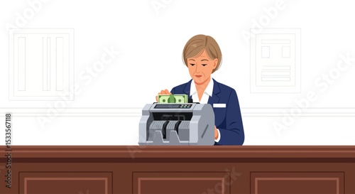Bank Teller Counting Money with a Machine