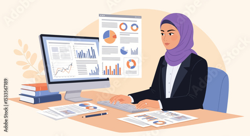 Muslim Businesswoman Analyzing Data on Computer