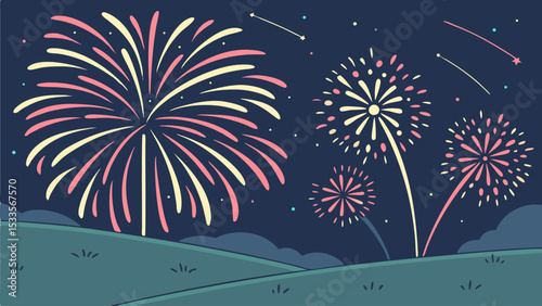 Illustration of fireworks display over rolling hills at night with shooting stars in the dark sky above