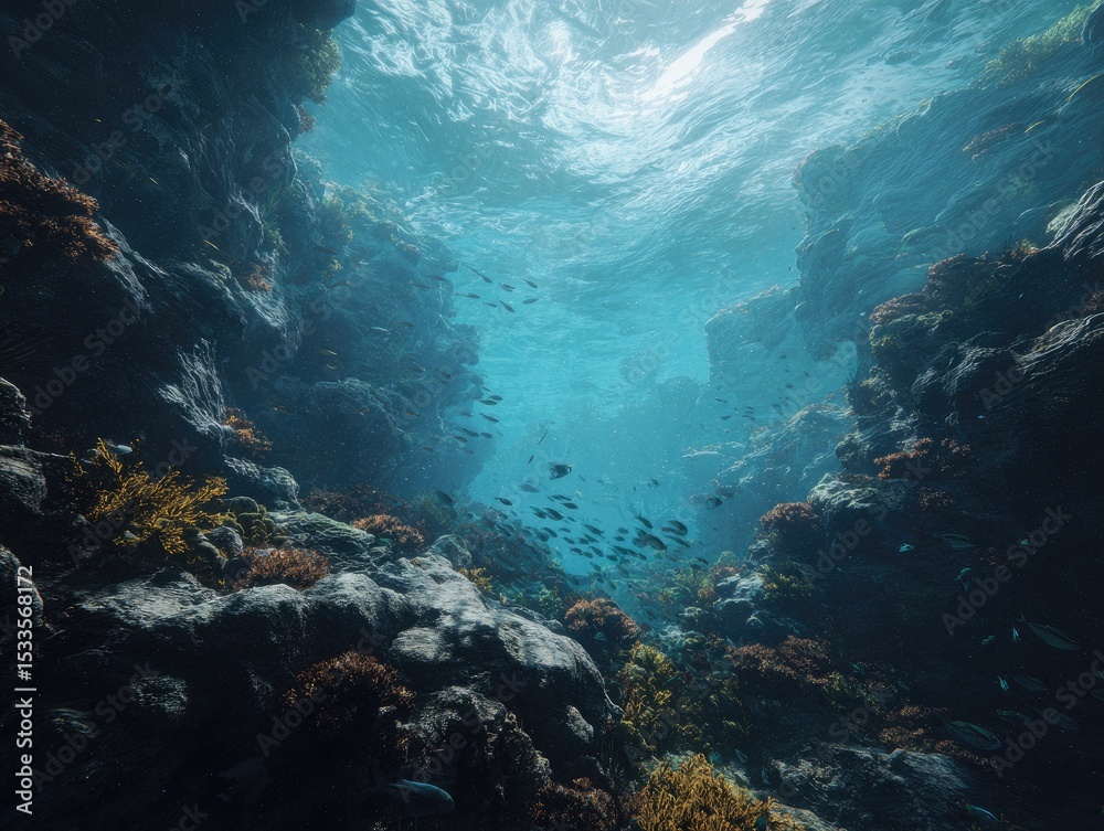 Fototapeta premium Sunlit underwater chasm with dark rocky walls, vibrant coral, and a school of fish swimming towards the surface