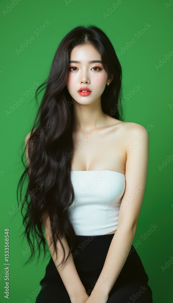 Naklejka premium Portrait of a Young Woman with Long Black Hair