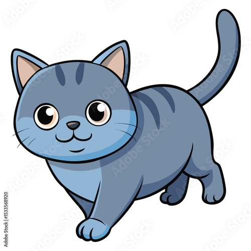 British Shorthair cat with solid blue-grey fur pouncing, a playful domestic feline, active and energetic, white background.