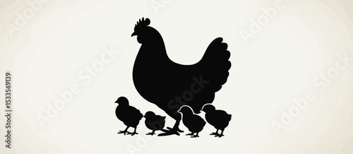Silhouette of Hen and Chicks Motherhood Farm Animals