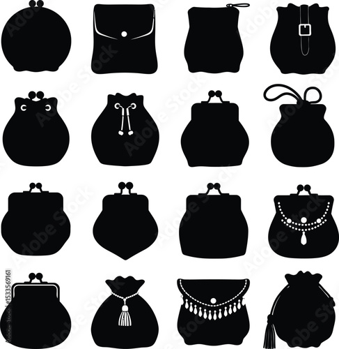 Diverse vector illustrations: A comprehensive collection of elegant black silhouettes of various bags, purses, and pouches, ideal for fashion and accessory designs.
