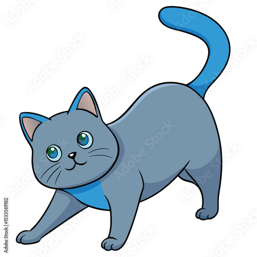 Chartreux cat with blue-grey fur stretching delicately, a graceful domestic feline, elegant movement, white background.
