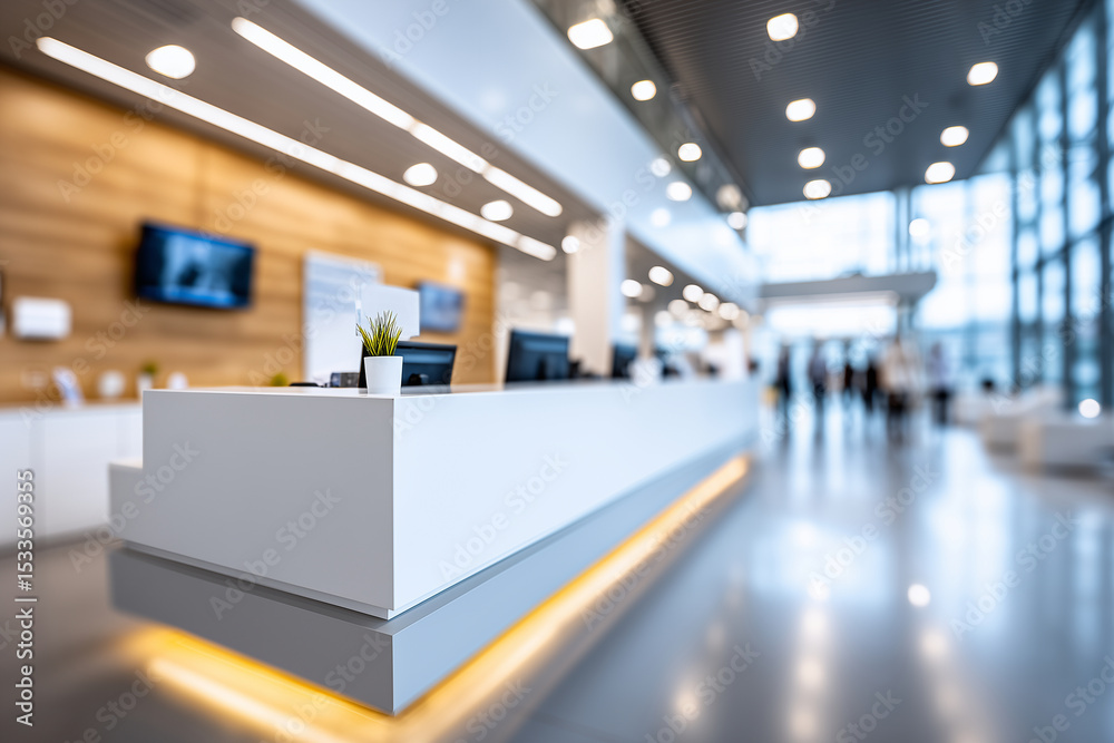 Fototapeta premium Blurred modern hospital or clinic reception area, promoting healthcare environments