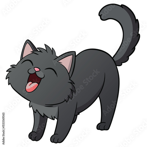 Cymric cat with fluffy black fur stretching gracefully, a tailless domestic feline, elegant pose, white background.