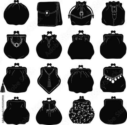 Diverse vector illustrations: A comprehensive collection of elegant black silhouettes of various bags, purses, and pouches, ideal for fashion and accessory designs.