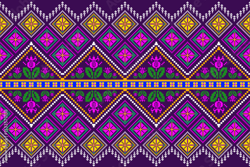 Geometric pixelated Arabic patterns on the fabric reflect the ornate and ethnicity,grid floral,grid colourful, backgrounds, seamless grid design for carpet,textile,textured,wallpaper,print,decorate