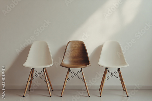 Three Modern Chairs (Two White and One Wood) Against a White Wall Background