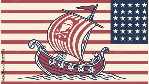 Illustration of a viking ship with a skull and crossbones sail superimposed on an american flag background
