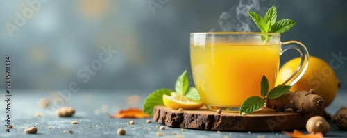 Warm ginger lemon mint tea, grey background Cozy autumn vibes , autumn, herbal tea, fragrant