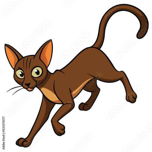 an Oriental Shorthair cat with sleek chocolate fur leaps, showing its agility and playful energy.