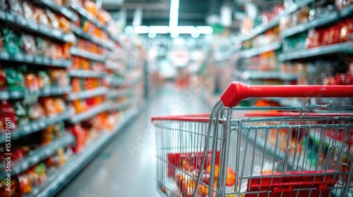 A shopping cart sits in a brightly lit supermarket aisle, filled with snacks; shelves stocked with colorful packages extend into the background