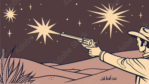 A cowboy firing a revolver under a starry night sky in a desert landscape with sparse vegetation and hills