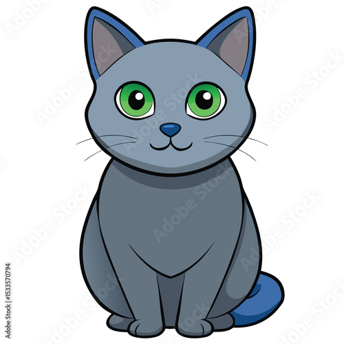 a Russian Blue cat with dense blue-grey fur sits regally, showing its elegant posture and calm nature.