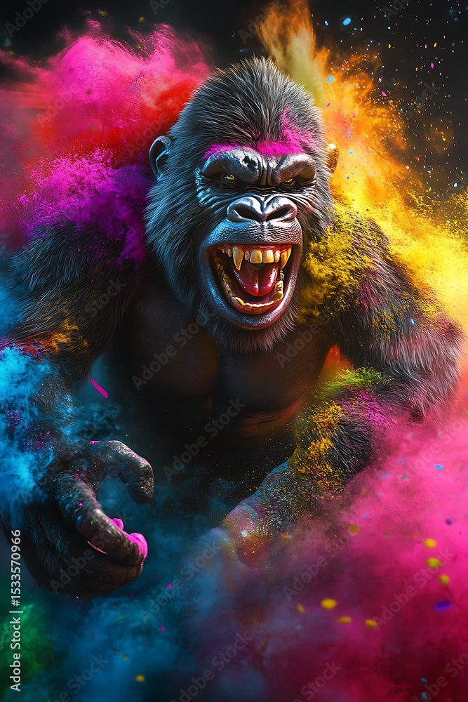 Obraz premium Vibrant gorilla emerging from colorful powder explosion in a dynamic, artistic setting