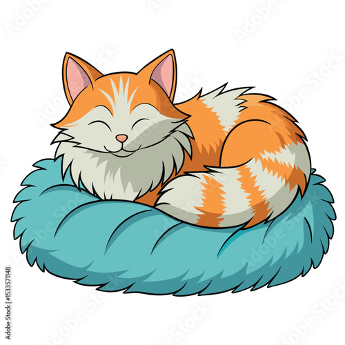 a Siberian cat with long, multi-colored fur sleeps, showing its plush coat and peaceful state.