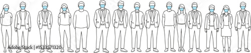 Vector illustration of diverse office team wearing face masks, standing in row, corporate attire, pandemic safety, workplace health protection