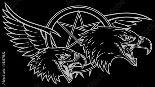 Two eagles heads with open beaks facing each other and a pentagram in a circle in the background