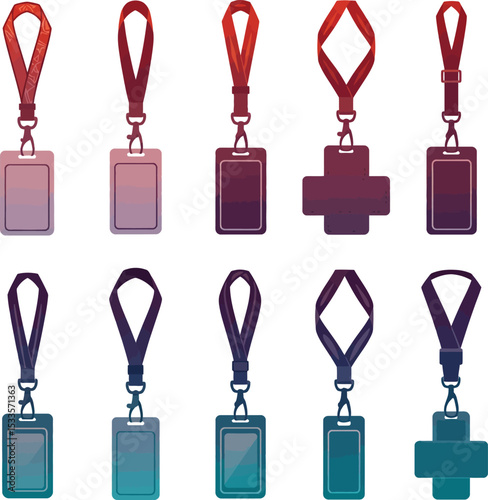 Vibrant vector illustrations of diverse lanyards and ID card holders, featuring various colors, patterns, and attachment styles for events or corporate branding.
