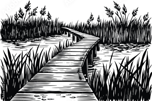 Serene Wooden Boardwalk Path Through Lush Reeds and Calm Waters A Peaceful Nature Escape