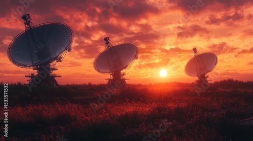Three Satellite Dishes at Sunset.

