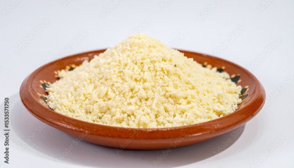 Cotija - A crumbly, salty cheese from Mexico made from cow's milk, often sprinkled over salads, tacos, and grilled corn. white background Cotija - A crumbly, salty cheese from Mexico made from cow's milk, often sprinkled over salads, tacos, and grilled corn. white background