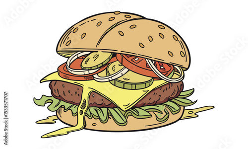 Juicy burger featuring melted cheese, fresh tomatoes, crisp lettuce, and sesame seed bun, vector illustration on white background.